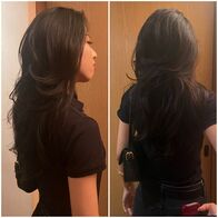 ロングレイヤーのかきあげバングで躍動感を